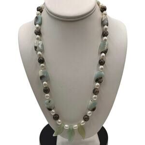 Natural Amazonite Pearl
Carved Jade Leaves
Silver Filigree Statement Necklace